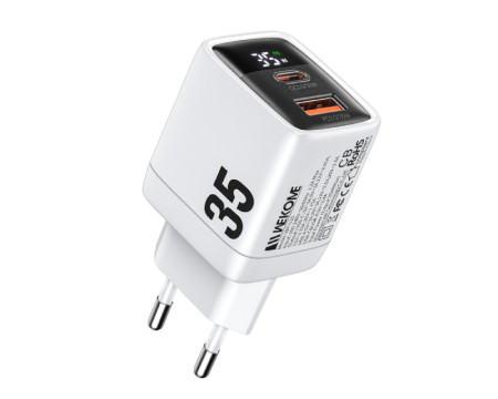 WEKOME WP-U25 Super brzi Strujni GaN Punjač 2-porta USB (3.0 i 3.1 Tip-C) 35W sa displejom beli