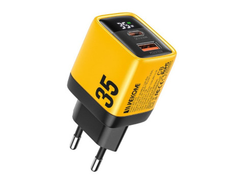 WEKOME WP-U25 Super brzi Strujni GaN Punjač 2-porta USB (3.0 i 3.1 Tip-C) 35W sa displejom žuti