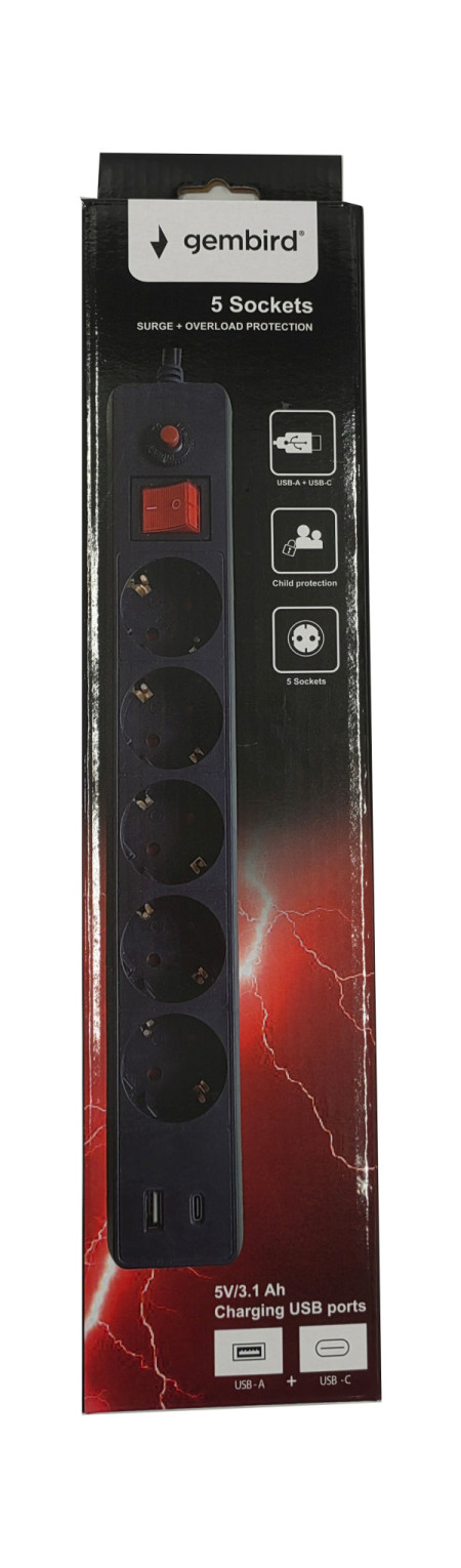 Gembird Produzni kabl sa USB punjačem i 5 utičnica (16A) 3m SPG5-B-10(3G1.5)