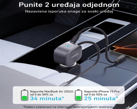ANKER Nano 75W sa ugrađenim USB-C kablom na izvlačenje i USB-C portom auto punjač